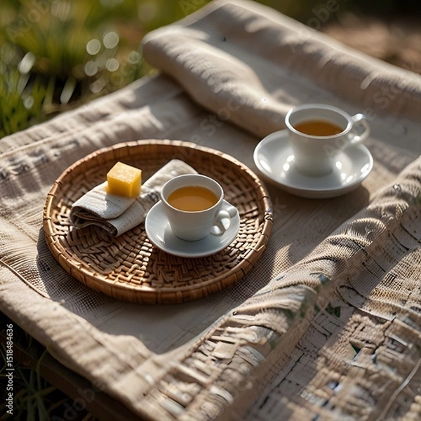 Obraz Elegant Coffee and Dessert Setup on a Textured Outdoor Blanket
