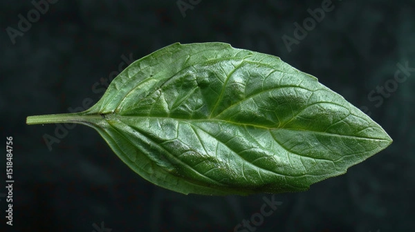 Fototapeta A single basil leaf with visible veins, resting on a dark background. Likely an illustrative submission to an AI content platform.