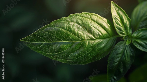 Fototapeta A macro photograph shows a fresh, green basil leaf with prominent veins, next to smaller leaves, suggesting it's part of a basil plant. The image could represent natural ingredients or fresh produce.