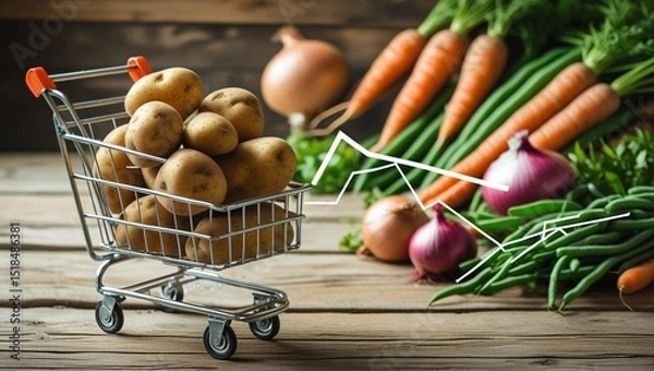 Fototapeta A small shopping cart filled with potatoes sits on a wooden table beside fresh vegetables. A downward trend line indicates rising inflation and increased food prices affecting consumers