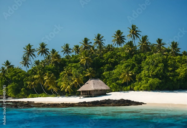 Fototapeta Tropical island with hut and palms surrounded by ocean blue water