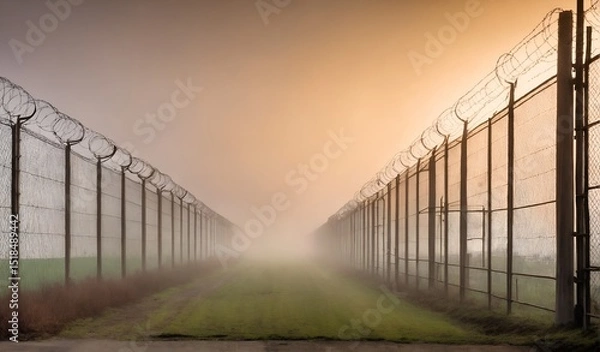 Fototapeta High security fence with barbed wire on border