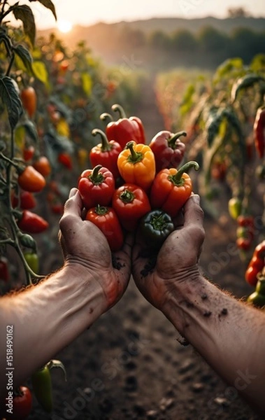 Fototapeta Harvest. Hands with red bell peppers vegetable against field