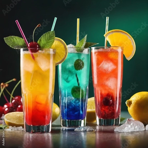 Fototapeta Colorful gin tonic cocktails in glasses on bar counter in pup or restaurant