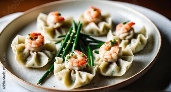 Fototapeta Shrimp and chive dumplings. Generative AI
