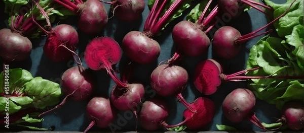 Fototapeta Beet root vegetable on dark. Top view, flat lay.