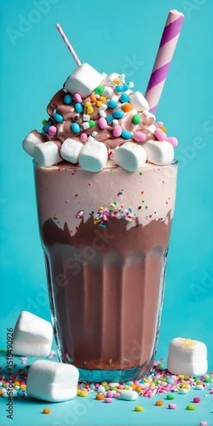 Fototapeta Chocolate shake dessert with whipped cream, marshmallows and candies on top