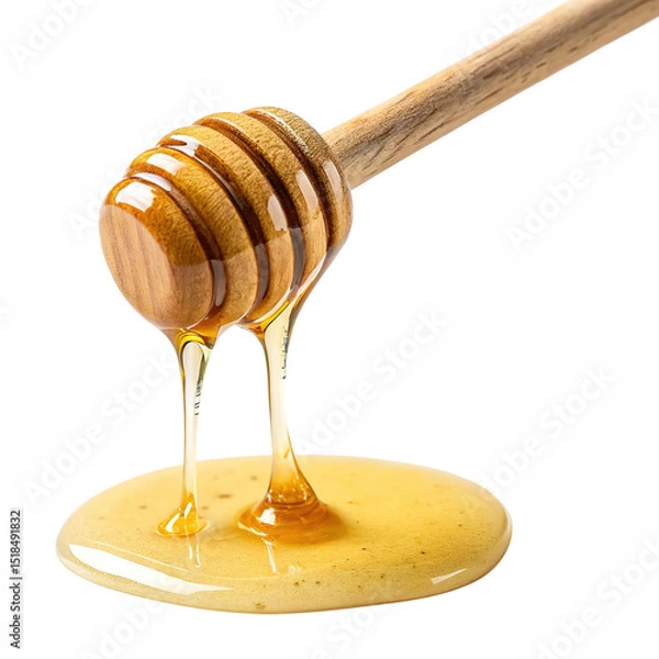 Fototapeta honey dripping from a wooden dipper, isolated on transparent background