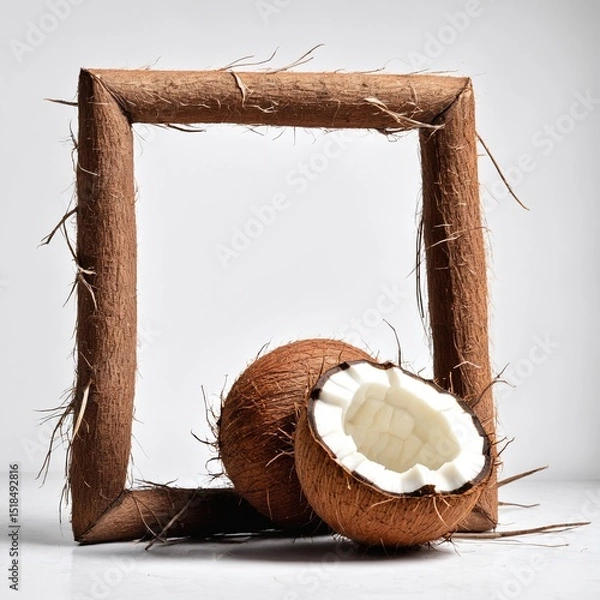 Fototapeta Coconut frame on grey background with copy space
