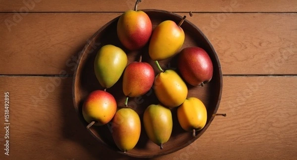 Fototapeta Fresh ripe mango fruits on wooden table. Top view