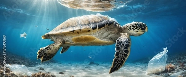 Fototapeta ocean turtle, plastic bags under the sea. Environmental conservation concepts and not throwing garbage