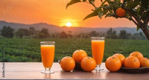 Fototapeta Fresh oranges and orange juice glass on table, garden in background.