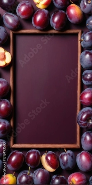 Fototapeta Fresh purple plum fruits on dark. Frame form with copy space, top view