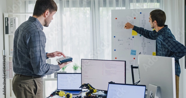 Fototapeta Team adult male engineer develop present AI robotics hand project at tech workspace. Artificial intelligence, collaboration support prototype development, robotic, debugging, machine learn, training.