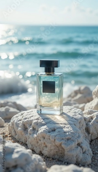 Fototapeta elegant transparent perfume bottle mockup design with beach background