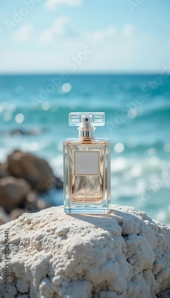 Fototapeta elegant transparent perfume bottle mockup design with beach background