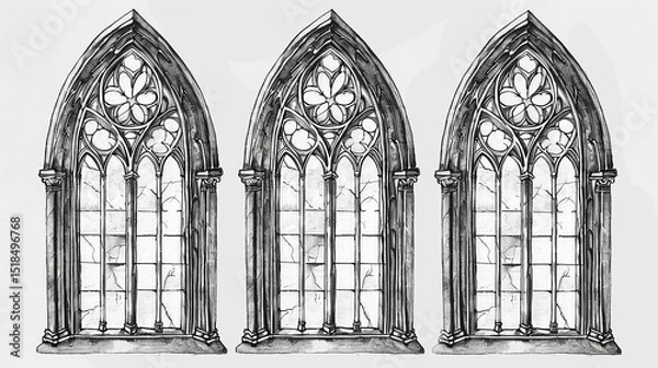 Fototapeta Three ornate, gothic-style window illustrations create a classic and artistic image. The illustration is black and white with an eye-catching floral design at the top.