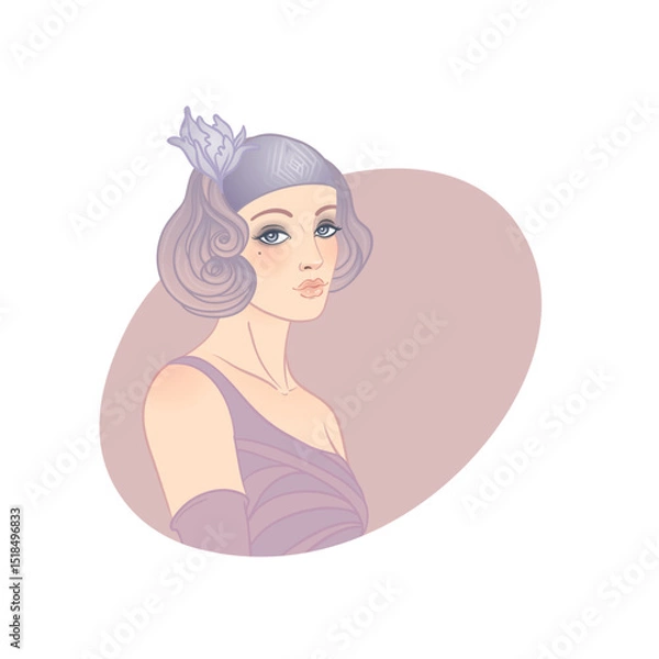 Fototapeta Art Deco vector illustration of a flapper girl in 1920s style, featuring soft dusty rose and gold tones. Elegant and modern design, ideal for fashion prints, posters, branding, or digital use.