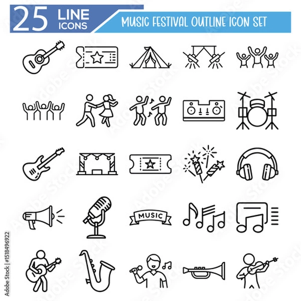 Fototapeta Music Festival Outline Icon Set – Minimal Vector Line Icons for Concerts, Live Events, and Party Vibes
