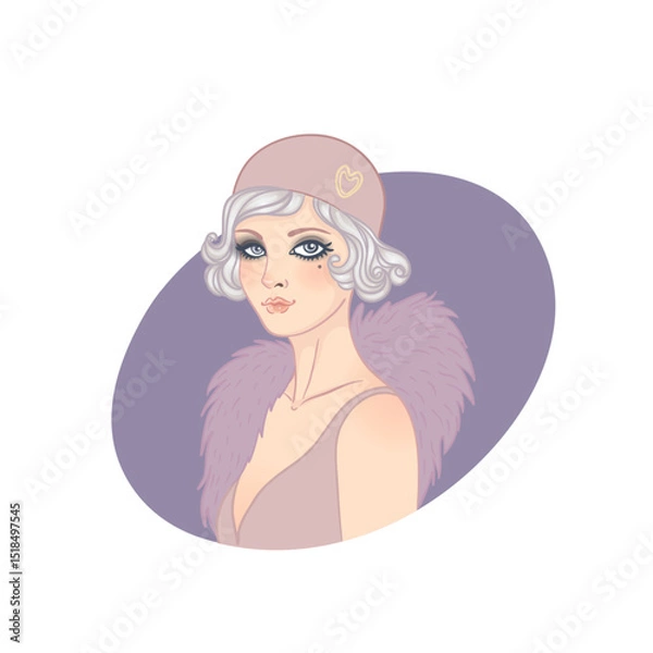 Fototapeta Art Deco vector illustration of a flapper girl in 1920s style, featuring soft dusty rose and gold tones. Elegant and modern design, ideal for fashion prints, posters, branding, or digital use.