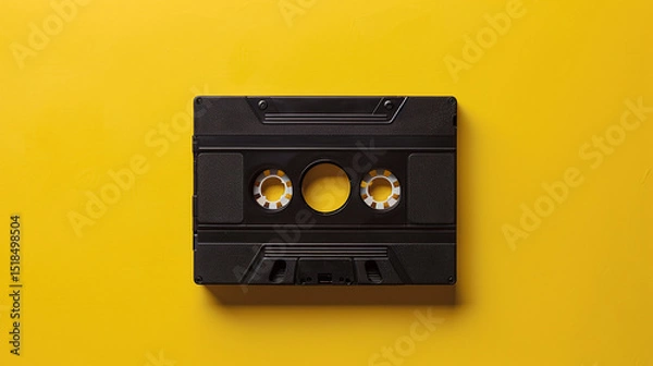 Fototapeta Here is a black cassette tape, flat on a yellow background. It is a close-up, highlighting details for a website's media submission form.