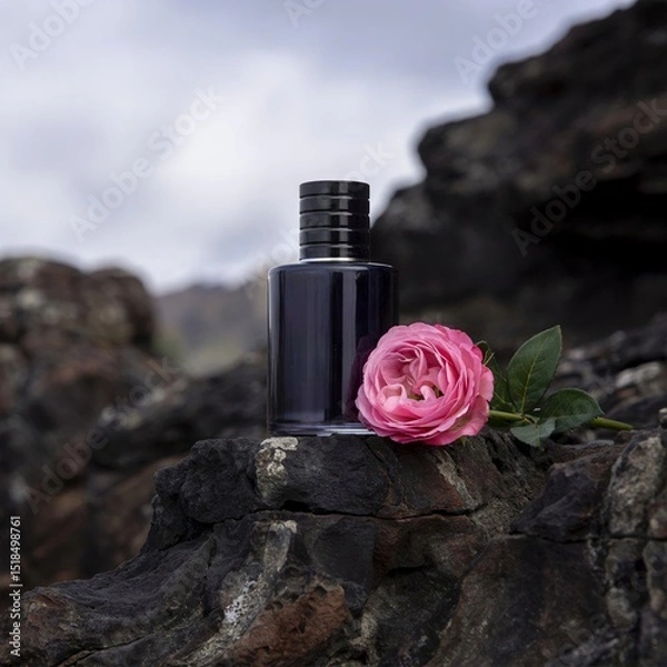 Fototapeta black perfume mockup design on a rock with a natural background and next to it there is a rose