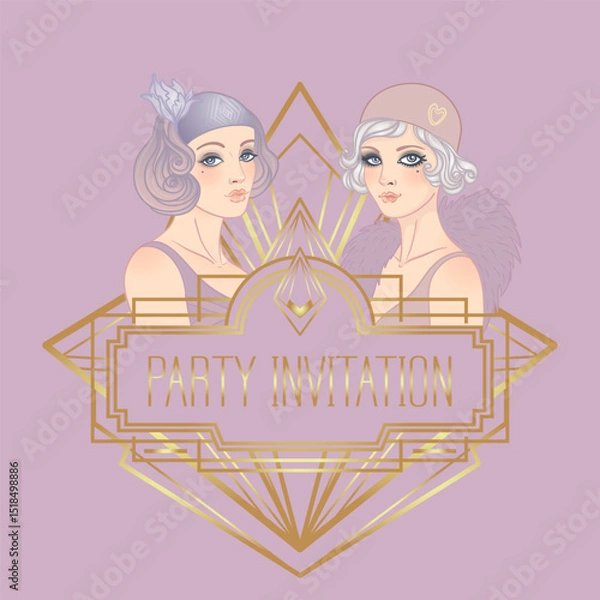 Fototapeta Art Deco design template with elegant flapper girl, geometric shapes, and decorative elements in dusty rose and gold tones. Perfect for invitations, fashion branding, events, or digital decor.
