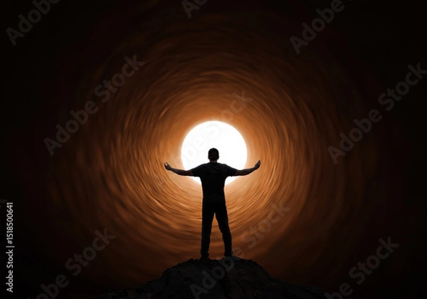 Fototapeta Man standing in a tunnel of light