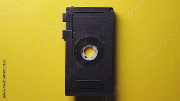 Fototapeta Against a yellow backdrop, a black film cartridge is seen. This simple image is a suggestion from the "add keywords" section in content creation software.