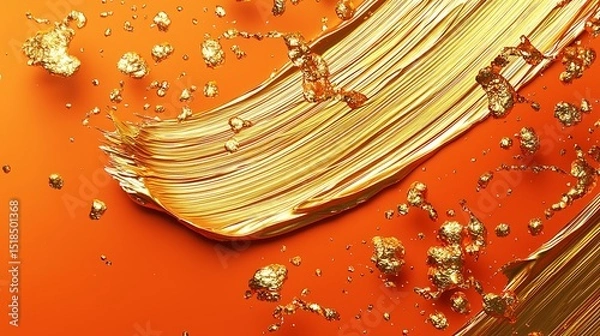 Obraz A bold gold brush stroke on a lively orange background, surrounded by radiant splashes of liquid gold that create a dynamic and minimalist composition.