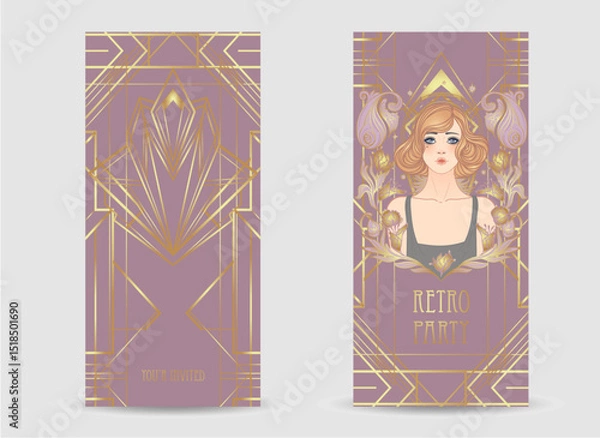 Fototapeta Art Deco design template with elegant flapper girl, geometric shapes, and decorative elements in dusty rose and gold tones. Perfect for invitations, fashion branding, events, or digital decor.