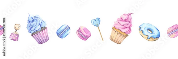 Obraz Watercolor sweet treats seamless border for baby shower and pastry shop decorations. Hand-painted illustration. Cupcakes, donuts, and macarons in soft pink and blue