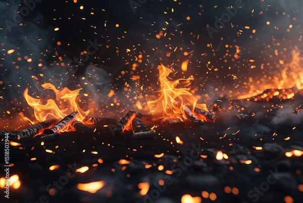 Fototapeta Glowing embers and flying sparks rising into the dark background.
