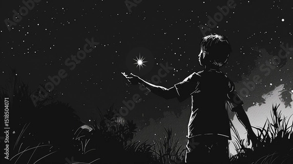 Fototapeta A child reaches for a star, the subject matter of a possible AI-generated image. The image is monochrome and has a magical, dreamlike quality. "People and Property are fictional" is marked.