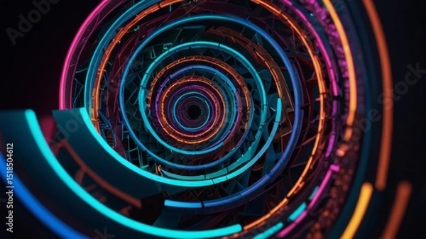 Obraz 3D spiral made of geometric shapes with neon-glow edges.