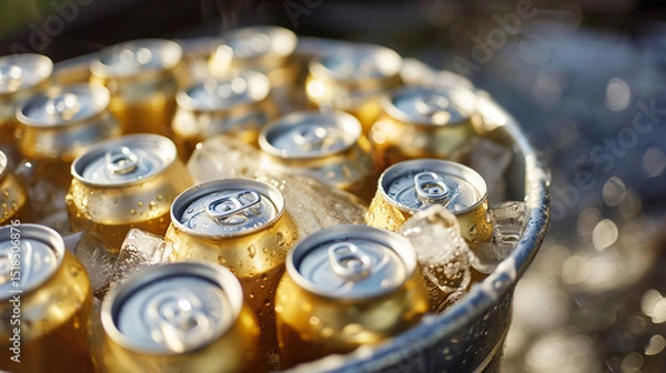 Fototapeta An elevated view of a metal bucket filled with ice and gold-colored beverage cans. This stock photo could be used to represent refreshments.