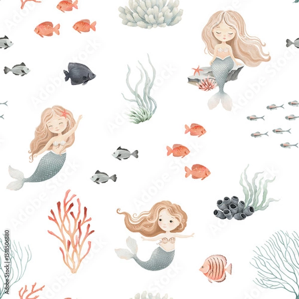 Obraz Cute mermaids, marine plants, corals and colored fishes. Watercolor seamless pattern with cute design elements for childish textile, wallpapers or decorative background.