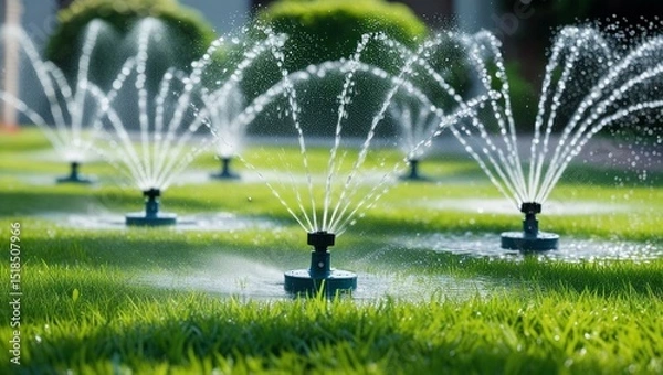Fototapeta Automatic garden watering system with sprinklers. Sprays water over lush green lawn. Irrigation, efficient water conservation. Smart home, eco-friendly tech for plants.