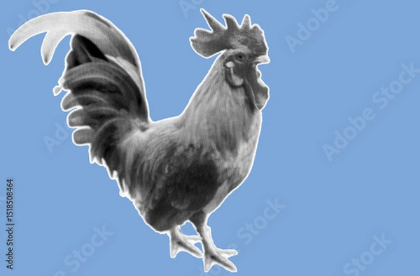 Fototapeta close up side view of rooster pixelate grayscale color halftone dotted texture style collage element isolated on blue background