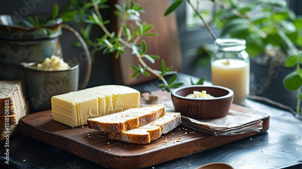 Fototapeta A serene photo shows butter and bread on a wooden board. The natural light and green plants create a calming, organic feel.