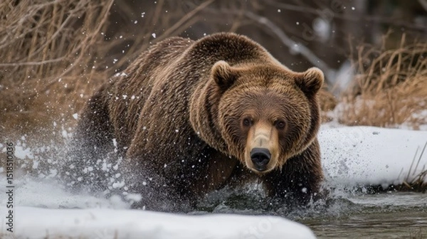 Fototapeta Powerful grizzly bear charging through a snowy river.