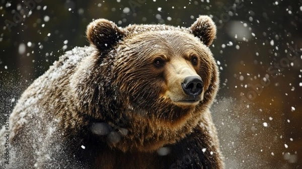 Fototapeta Close-up of a large brown bear in winter snow.