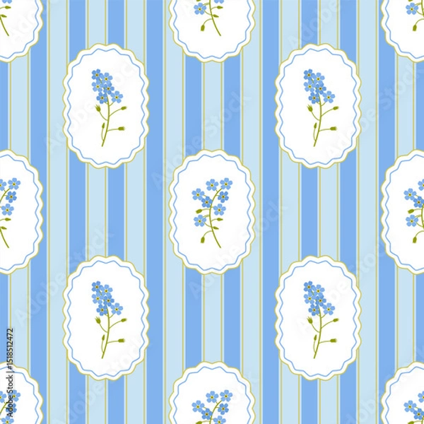 Fototapeta Coquette trellis myosotis in frames, floral seamless pattern on striped background. Vector Illustration