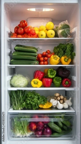 Fototapeta Fresh vegetables and green herbs in a refrigerator on the shelves - typical fridge of a vegetarian