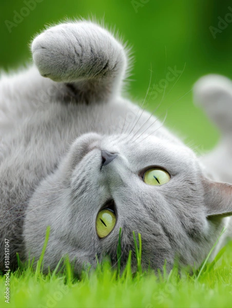 Fototapeta A little cat is rolling on the grass