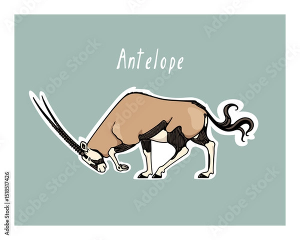Fototapeta Vector card with hand drawn graceful oryx with its head down. Ink drawing, graphic style. Beautiful wild animal illustration, logo template