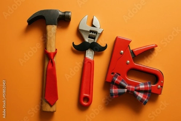 Obraz Playful Father’s Day or Labor Day tribute with decorated tools on vibrant orange background