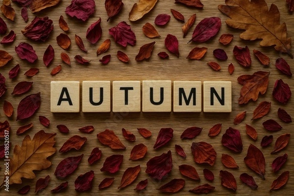 Obraz Autumn spelled with wooden letter blocks surrounded by colorful dried leaves on rustic wooden background