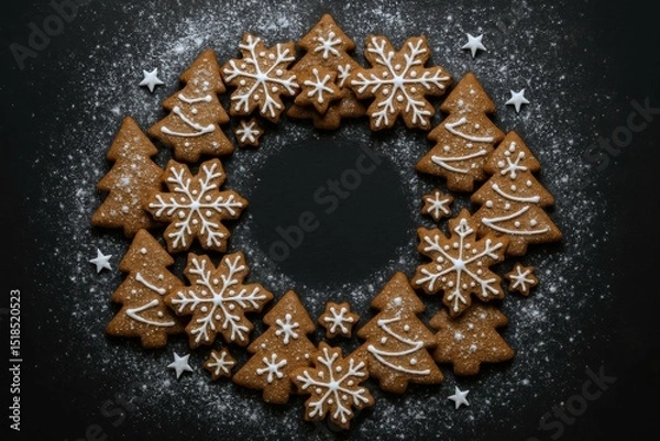 Obraz Festive gingerbread cookies shaped like trees and snowflakes arranged in a wreath on dark background with powdered sugar