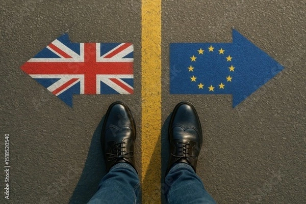 Obraz Man standing at a crossroads between the UK and EU flags painted as arrows on asphalt